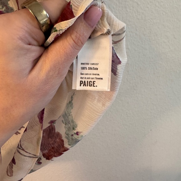 PAIGE Floral Ruffle Sleeve Silk Blouse in Cream and Purple, Size Small - Picture 5 of 5